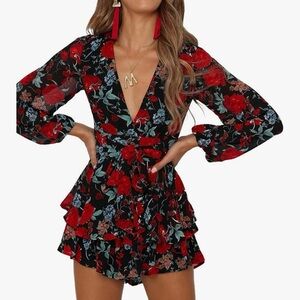 Women's Romper Floral Print V Neck  Waist Tie Layered Ruffle Hem